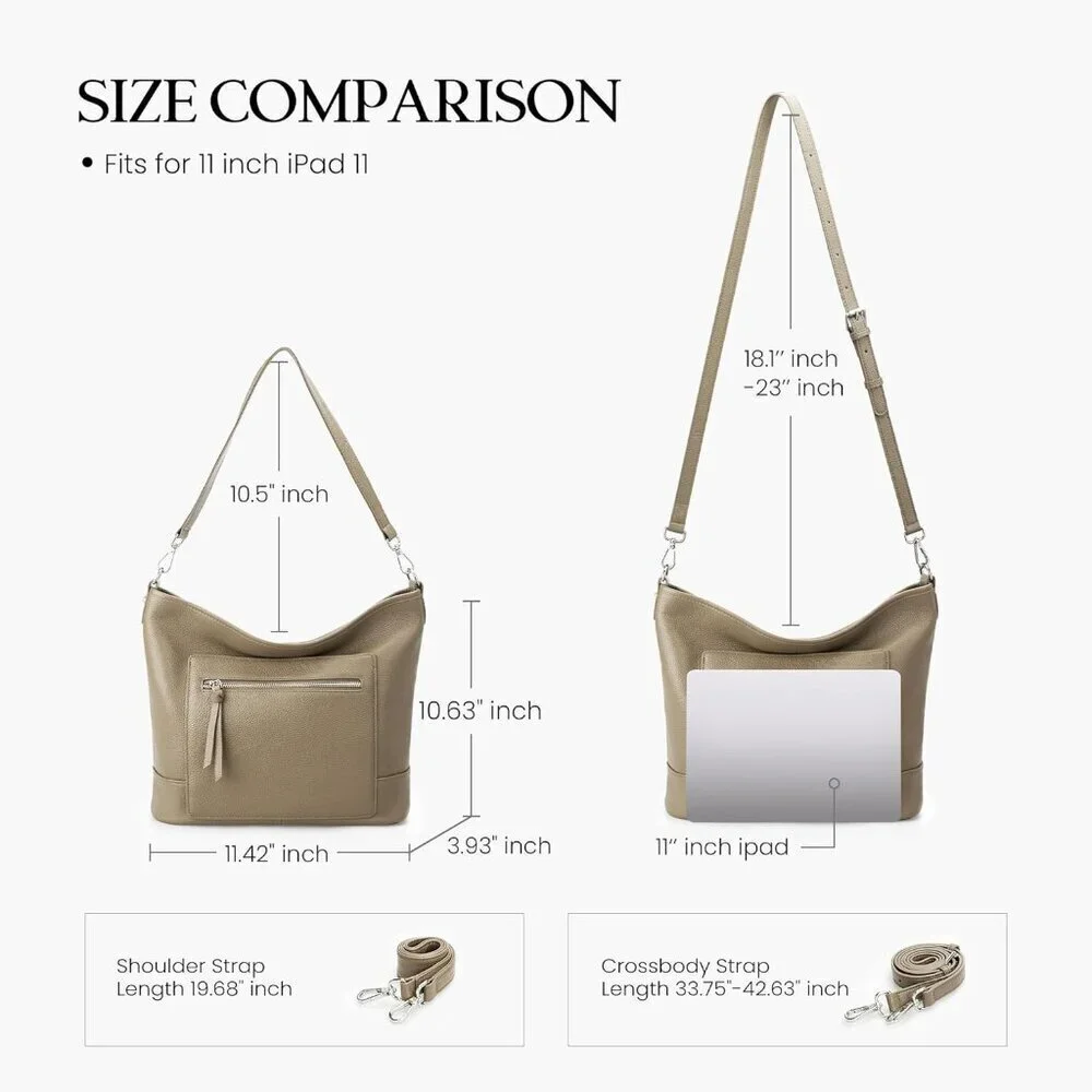 Genuine Leather Hobo Bag Large Multi-Pocket Shoulder Crossbody Zipper